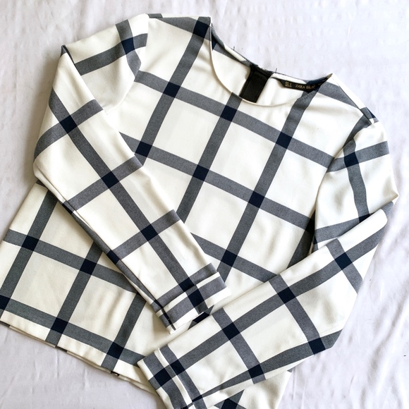 Zara Tops - ZARA • GINGHAM PLAID LONG SLEEVE TOP NAVY WHITE